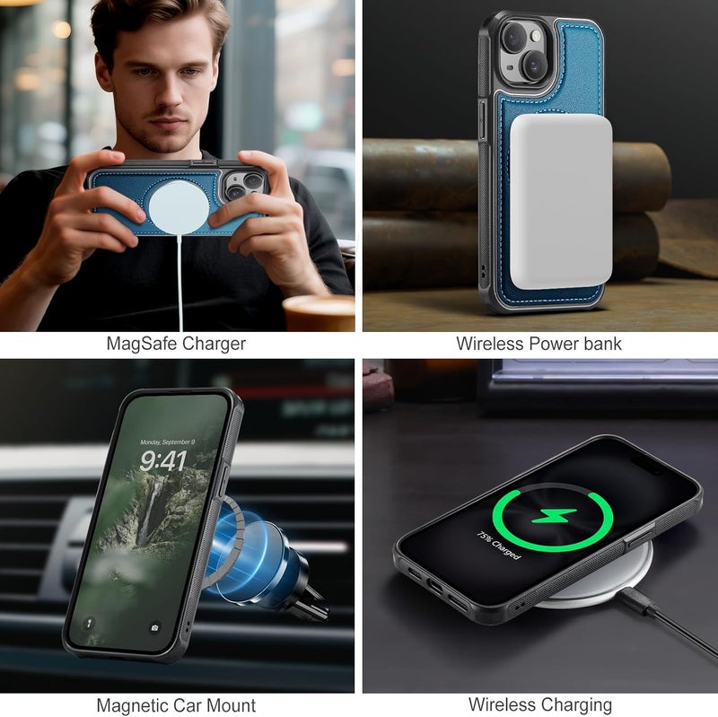Usroom for iPhone 15 Detachable Wallet Case with Card Holder, 2 in 1 RFID Blocking Credit Slots Kickstand Shockproof Phone Wallet for iPhone 15 6.1" Blue - Image 3